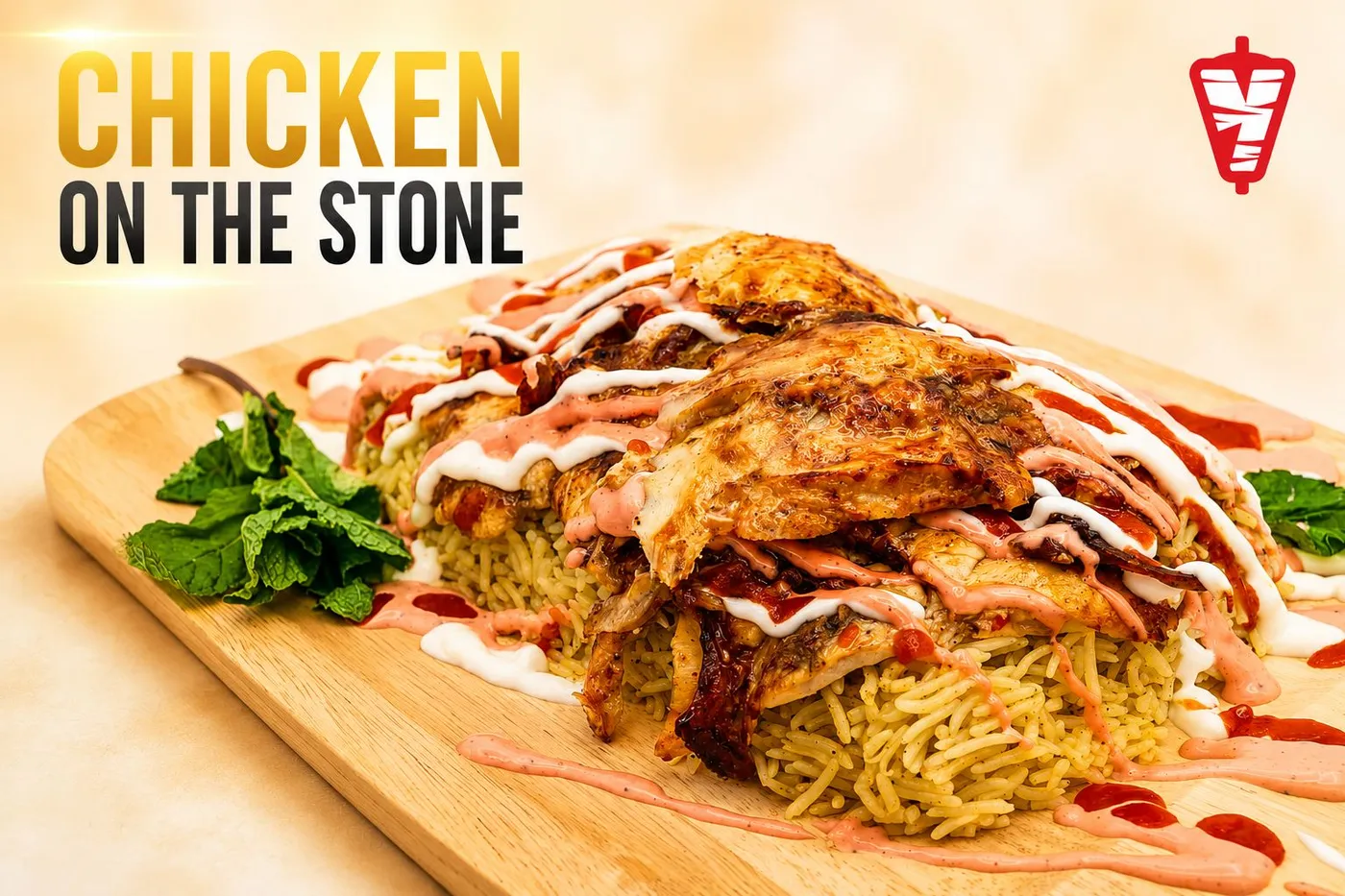 Chicken on the Stone over seasoned rice, drizzled with signature sauces