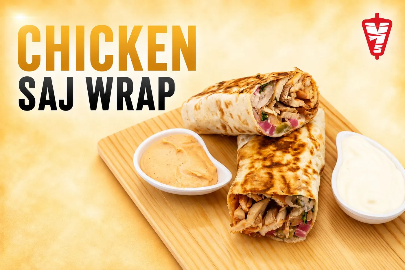 Chicken Saj wraps sliced open with garlic and special sauce on the side