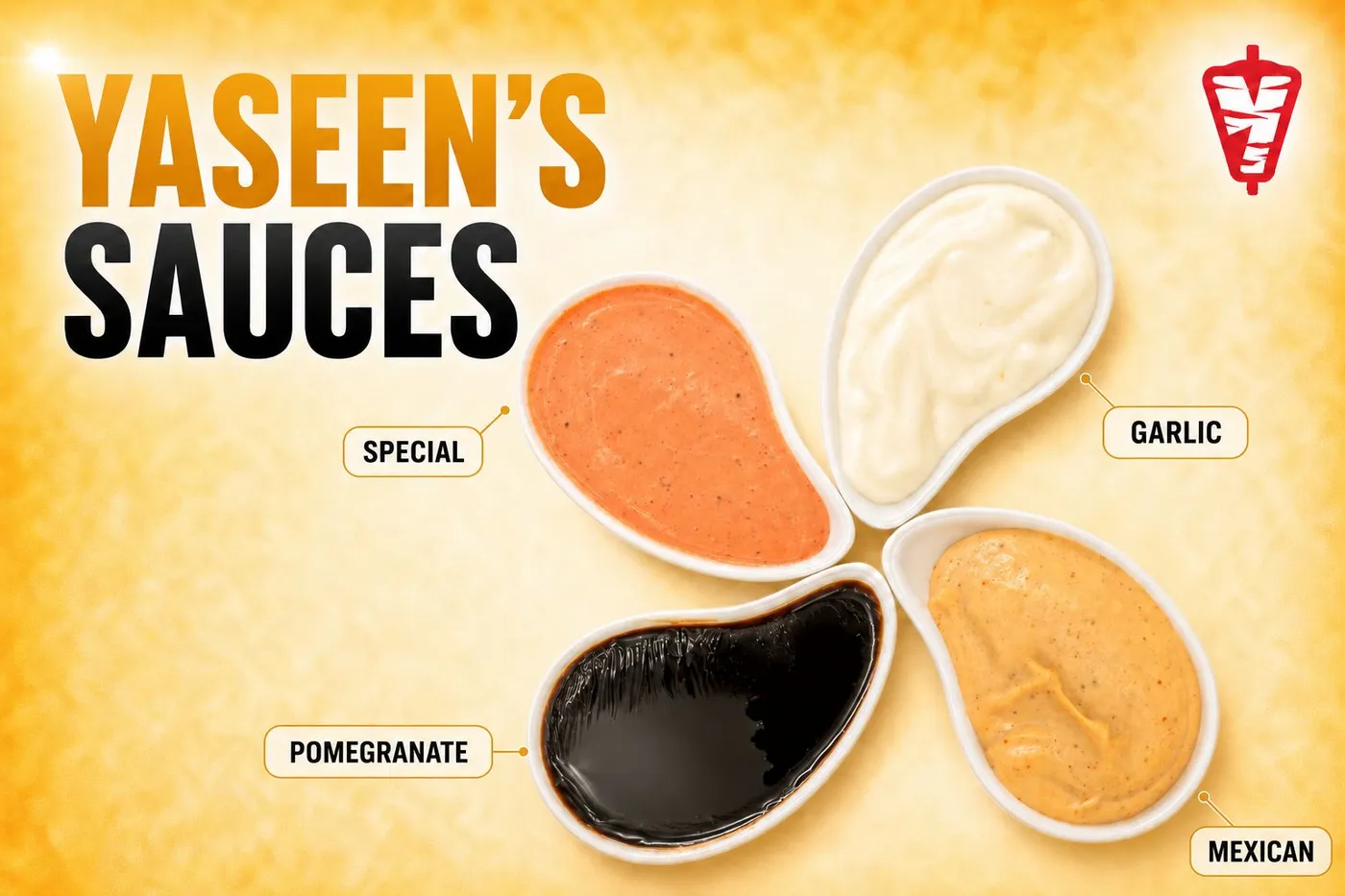 Yaseen's four signature sauces: Special, Garlic, Pomegranate and Mexican